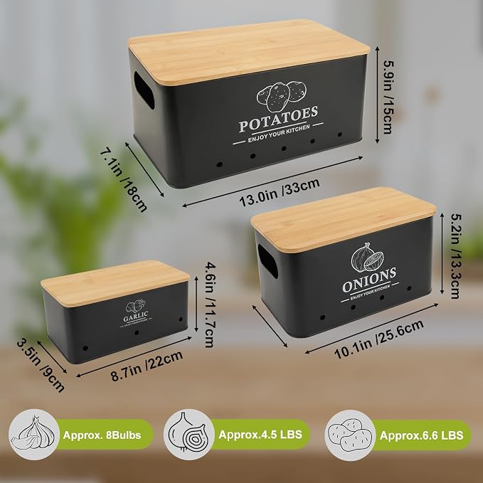 Kitchen Vegetable Storage Set of 3, Metal Onion Garlic Potato Storage Set, Kitchen Canisters Vegetable Keeper Containers with Aerating Holes and Bamboo Lid,Black