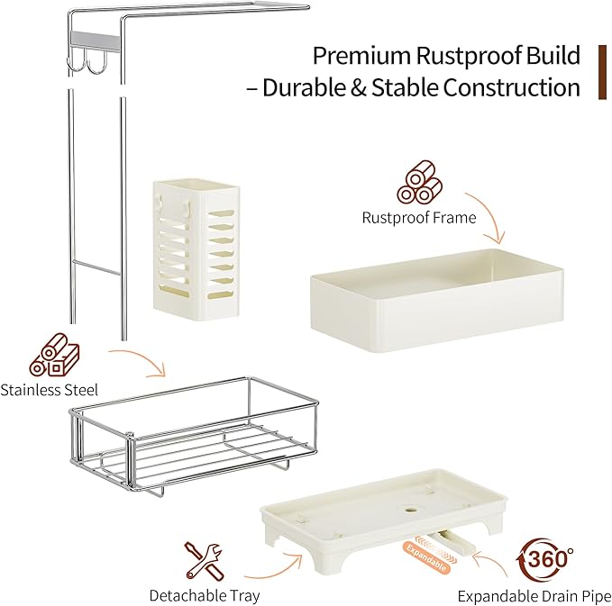 MOUKABAL 2-Tier Sponge Holder for Kitchen Sink Caddy Organizer,Off-white | Large Capacity/Rustproof Stainless Steel/360° Rotating Drain Keeps Counter Dry/Holds Sponge & Soap Bottle/Easy-Clean Tray