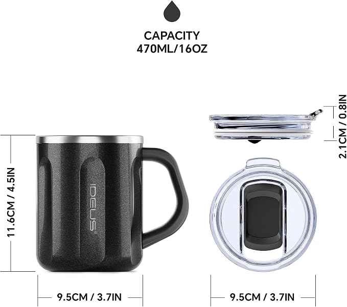 Ideus 16 oz Insulated Coffee Mug with Handle and Lid, Double Wall Stainless Steel Vacuum Thermal Coffee Mug, Travel Coffee Cup Thermal Cup for Home and Office, Black-FUJI FLOW