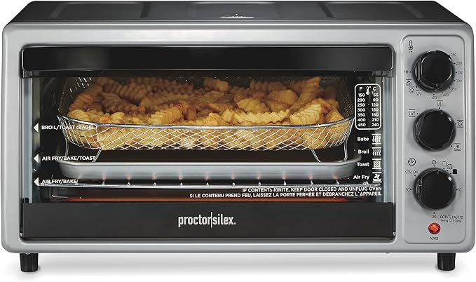 Proctor Silex 6 Slice Countertop Air Fryer Toaster Oven Combo | Air Fry, Bake, Broil, Toast | 150-450⁰F Adjustable Temp | 30 Minute Timer | Automatic Shutoff | Black and Silver | 31267J