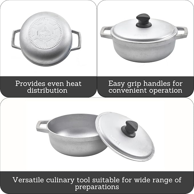 IMUSA 2 Qt Cast Aluminum Caldero Dutch Oven | Natural Finish, Riveted Handles with Aluminum Lid, Ideal for Rice, Soups, And Stews, Perfect for Serving Small Groups