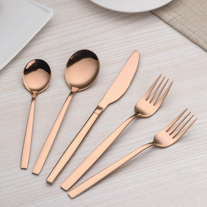 Berglander 20 Piece Titanium Rose Gold Plated Stainless Steel Flatware Set, 20 Pieces Silverware Set, Copper Color Cutlery Sets, Service for 4 (shiny Copper)
