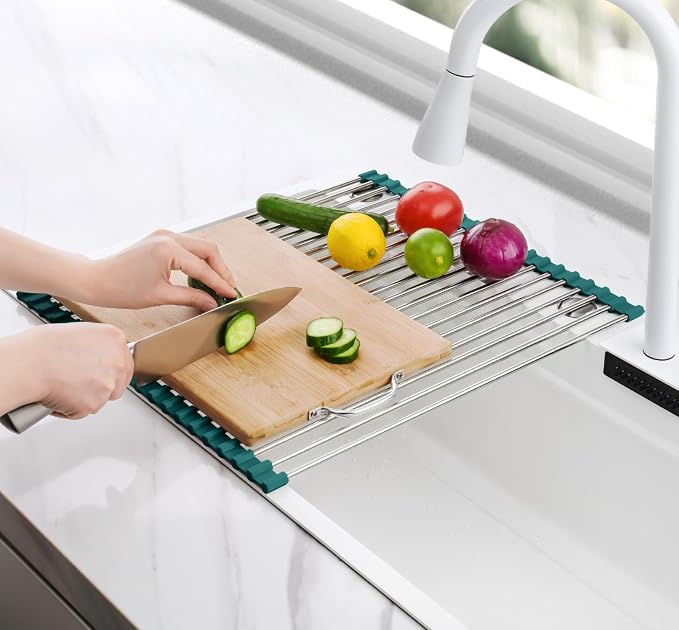 Tomorotec Roll Up Dish Drying Rack Over Sink,304 Steel,17.7x15.5,DarkGreen | Anti-Slip Silicone Rims For Grip, Heat-Resistant Trivet Mat Holding Heavy Cookware, Rustproof Kitchen Counter Space Saver