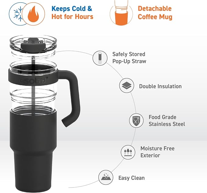 asobu Extra Large Travel Explorer Tumbler for Hot and Cold with Stainless Steel Removable Coffee Mug Sleeve - Straw and Flip Open Sip Spout, 34 oz / 25 oz (Black)