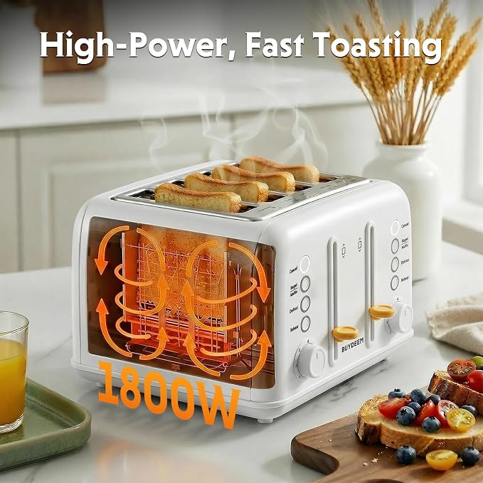 BUYDEEM DT640 4-Slice Toaster, 7 Shade Settings, Extra Wide 1.5’’ Slots for Bagel & English Muffin, 6 Toasting Functions, Retro Stainless Steel Toaster with High Lift Lever, 1800W, Arctic White
