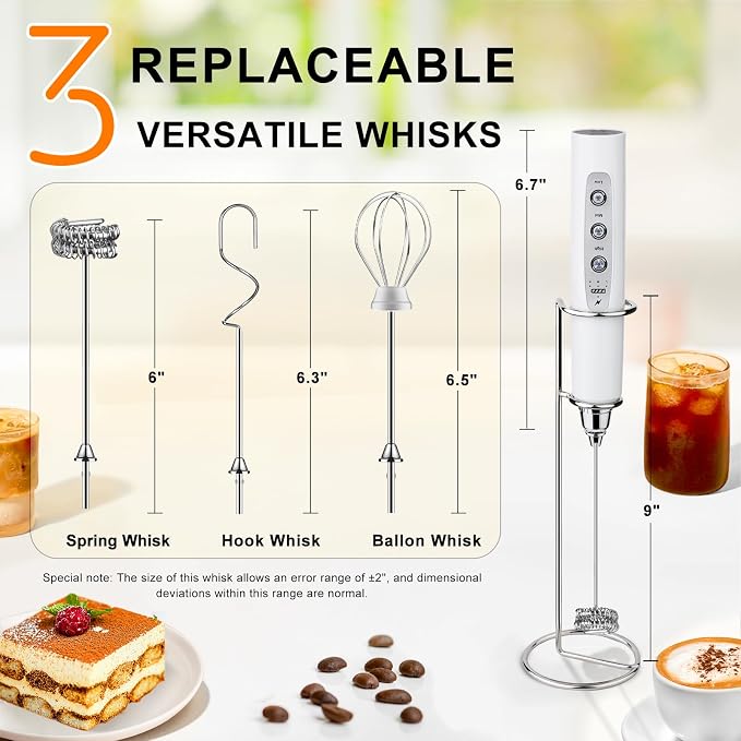 YUSWKO Handheld Milk Frother Wand for Coffee, Rechargeable Electric Whisk with 3 Heads 3 Speeds Drink Mixer Coffee Frother For Latte, Cappuccino, Hot Chocolate, Egg, White with Holder