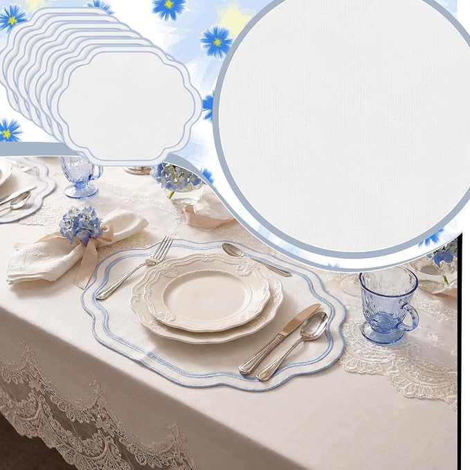 6Pcs Blue Cotton Wedding Placemats Scalloped Embroidered Placemats 17" x 13" Double Layered Machine Washable Table Place Mat for Party Table Decor