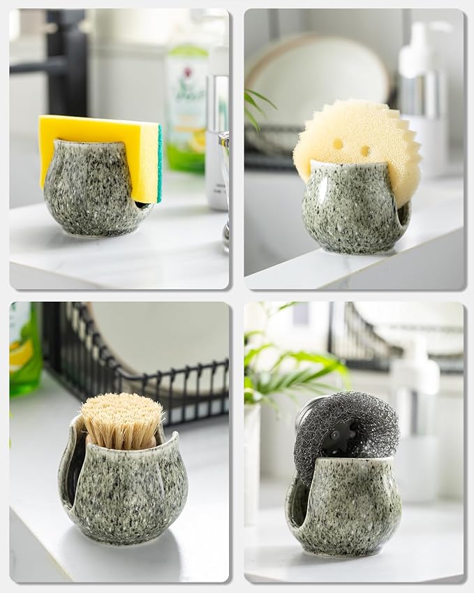 Zoeeker Sponge Holder, Ceramic Sponge Holder for Kitchen Sink Brush Holder | Cute Scrubby Caddy Organizer Sponge Dish Rack Kitchen Storage Organizer Sink Caddy for Bathroom Countertop, Special Gray