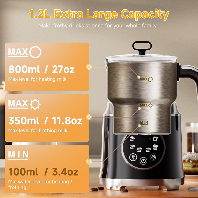 6-in-1 Electric Milk Frother and Steamer, Large Capacity Foam Maker | Detachable Automatic Milk Frother for Hot & Cold Foam, Hot Chocolate Maker, BPA-Free Electric Coffee Drink Mixer