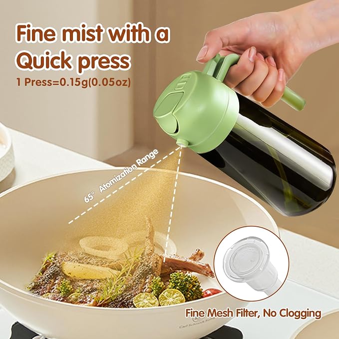 YARRAMATE 2PCS 16oz/470ml Oil Sprayer for Cooking with Stickers, Food-Grade 2 in 1 Olive Oil Dispenser Bottle for Kitchen, Premium Dark Green Glass Oil Bottle for Air Fryer, BBQ (White & Green)
