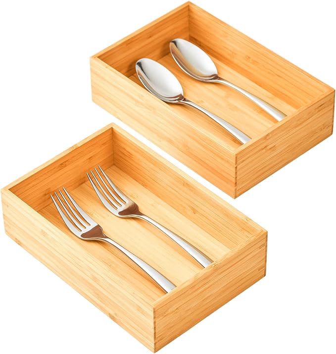 Bamboo Kitchen Drawer Organizer, Extra High Silverware Tray, Flatware Cutlery Storage Box, Multi-Use Holder in Office, Bathroom, Pantry - 9"x6"x2.5" (Set of 2)