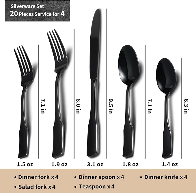 Alata Kate Black Mirror 20-Piece Silverware, Service for 4, Stainless Steel Flatware, Mirror Polished Cutlery, Dishwasher Safe