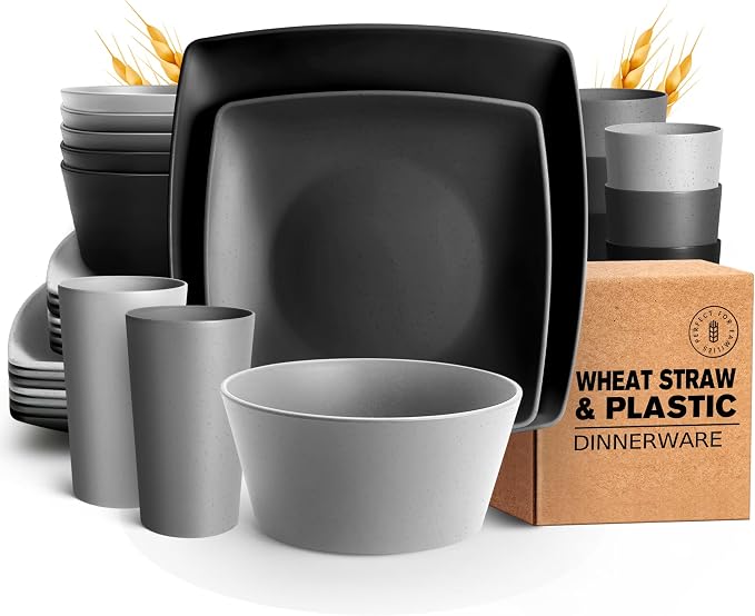 Teivio 32-Piece Kitchen Plastic Wheat Straw Squircle Dinnerware Set for 8, Unbreakable Dinner Plates, Salad Plates, Square Cereal Bowls, Cup 13.5oz, Dishwasher Safe,Gray Ombre