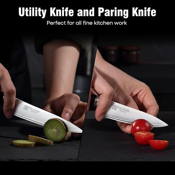 PAUDIN Kitchen Knife Set, Ultra-Sharp Multi-Layer High Carbon Steel Knives for Meat and Vegetables, Ergonomic Wooden Handle,62 HRC Kitchen Chef Knife Set for Cooking,BBQ,Meal Prep,Gifts for Men Women