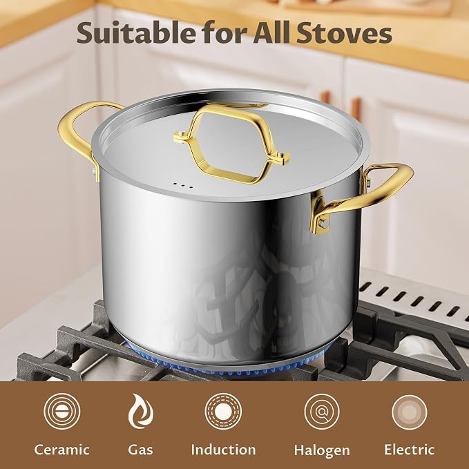 BEZIA 12 QT Stainless Steel Stock Pot, Uncoated Large Soup Pot with Lid | Tri-ply Base for Even Heat, All Stoves Compatible, Oven & Dishwasher Safe, for Seafood Boils, Batch Cooking & Holiday Feasts