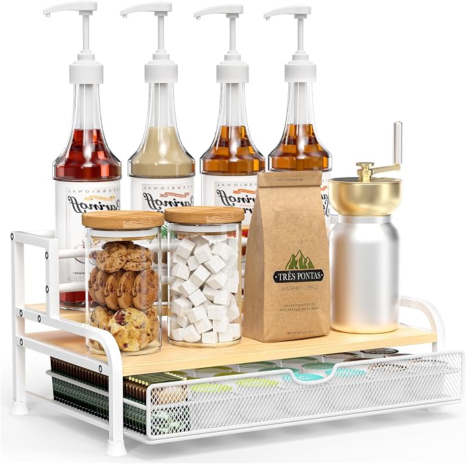 Coffee Syrup Rack Organizer, 3-Tier with 35 K-Cup Pod Holder Drawer | White Metal Rack for 8 Syrup Bottles,Countertop Bottle Holder Stand for Wine,Space-Saving Design for Kitchen Cafe Station
