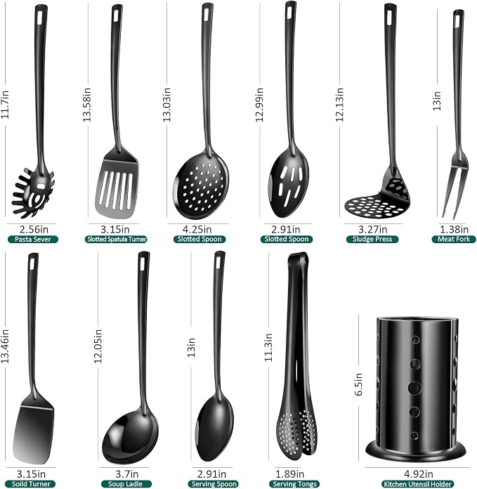 Stainless Steel Kitchen Utensils Set,11pcs Cooking Utensils Set with Holder | Black Metal Kitchen Tool Set for Cooking with Turners, Potato Masher, Spatula, Spoons, Pasta, Tongs
