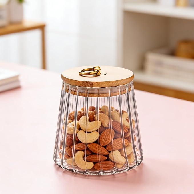 Glass Coffee Nuts Canister, Airtight Jar Bamboo Lid 23 FL OZ, Small Conical | Sealed Kitchen Storage Jar, 700ml Petal Ribs Design Decorative Candy Coffee Container, Gold Metal Handle, Easy to Grasp