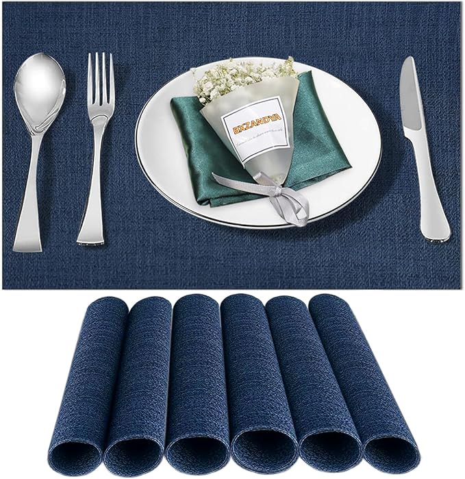 Blue Vinyl Placemats Set of 6,Washable Dining PVC Table Mats | Heat resistant, stain resistant non slip vinyl place mats, washable blue table placemats for dining table