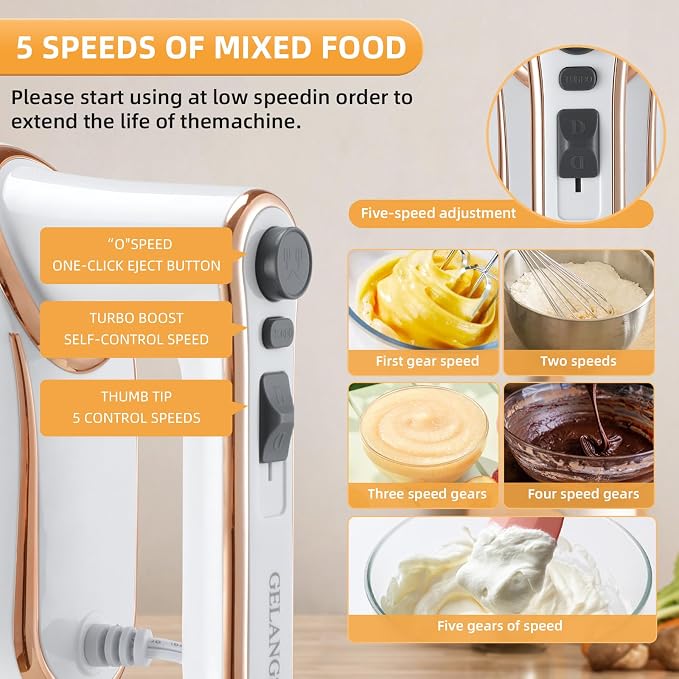 Hand Mixer, 5-Speed Electric with Turbo Boost, White, Copper Motor, 400W, Dishwasher-Safe Attachments for Baking, Whipping, Dough
