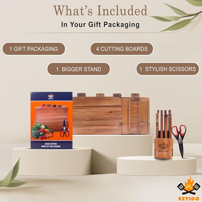 Acacia Wood Cutting Board Set with Scissors and Stand.