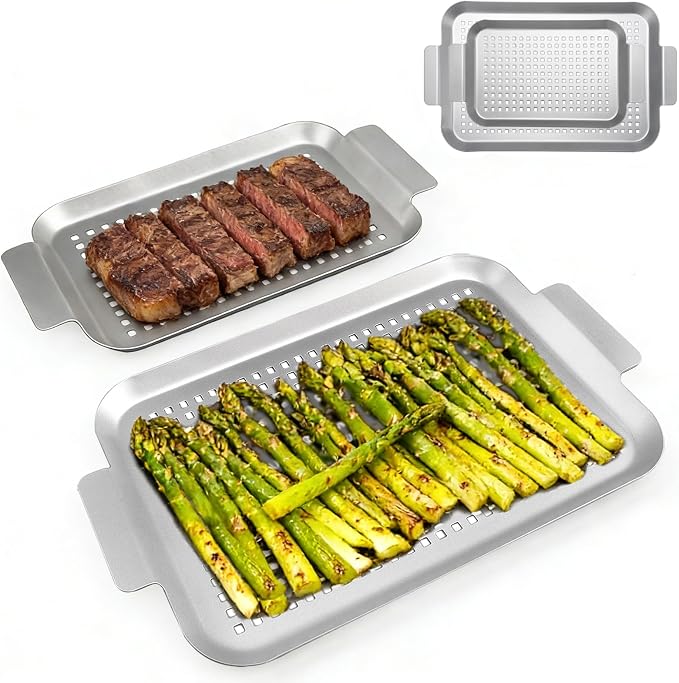 Grill Topper Grilling Pans Set of 2, 17"x10" and 13.3"x7.4" | Non-Stick, Barbecue Trays, Durable with Holes, Metal Topper Baskets, For Barbecue & Smoked Meat, Vegetables & Seafood