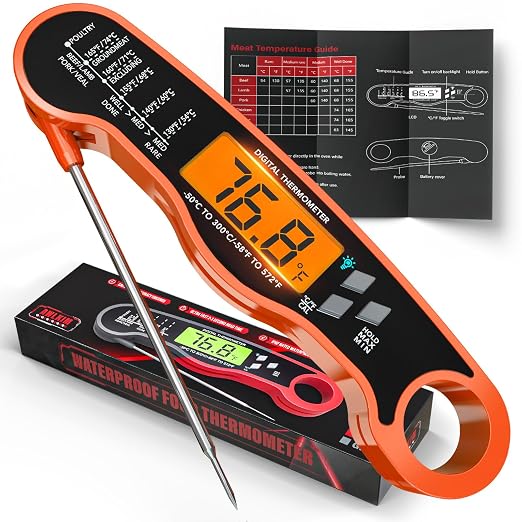 AWLKIM Meat Thermometer Digital, Instant Read Food Thermometer, Orange | Waterproof cooking thermometer with doneness chart, backlight, F/C switch for BBQ, candy, oil