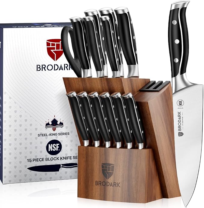 15Pcs High Carbon Stainless Steel Knife Set with Block, Ultra Sharp | Premium German Steel Kitchen Knives with Sharpener, Ergonomic Black Handle, Acacia Wood Block, Elegant Gift for Home Chefs