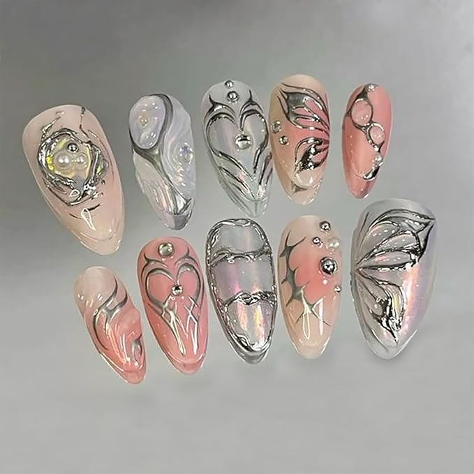 30Pcs Medium Almond Press on Nails Orange Pink Gradient Fake Nails Chrome Silver Butterfly Heart False Nail with 3D Rhinestones Design Full Cover Glue on Nails Y2K Gothic Acrylic Nails for Women Girls