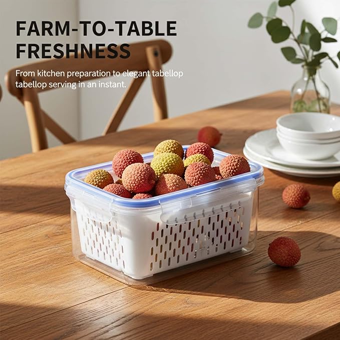 Fruit Storage Containers for Fridge with Removable Colander, Airtight Produce Storage Containers with Lids, Fridge Organizers and Storage for Berry, Fruit, Vegetables, Salad & Meal Prep (Blue, S+M+L)
