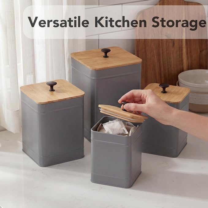 PERFNIQUE Kitchen Canisters, Airtight Canister Sets for Kitchen Counter, Kitchen Canisters for Countertop Set of 4, Coffee Tea Sugar Flour Spice Tin Jars Food Storage Container with Lid(Grey)