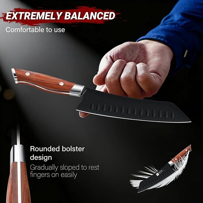TIVOLI 3 PCS Santoku Knife Set - Chef Knife Set with Ergonomic Wood Handle | German High Carbon Stainless Steel, Full Tang Ergonomic Wood Handle, Gift Box, Stain Resistant & Easy to Clean, for Cooking