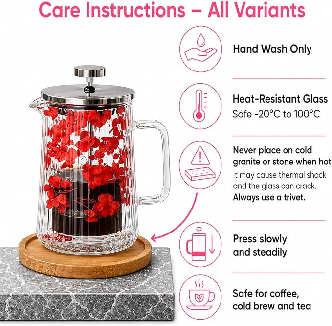 Glass French Press Coffee Maker, Heat Resistant Borosilicate Glass (22oz Red Floral)