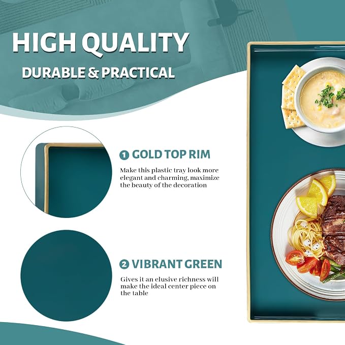 Teal Decorative Tray for Coffee Table, Serving Tray with Handles | Plastic Melamine Tray, Modern Ottoman Tray, Rectangular Countertop Organizer Tray for Living Room, 15.8"L x 10.2"W x 1.4"H
