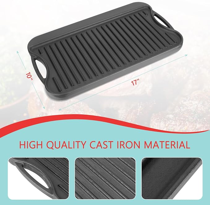 2 in 1 Reversible Cast Iron Griddle for Gas Grill, Flat Top Grill Pan for Gas Stove, Pre-Seasoned Oven Top pan,Upgrade Double Burner Griddle for Indoor & Outdoor Cooking Accessories, 17" X 10"