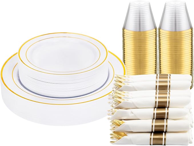 DaYammi 210PCS Gold Plastic Dinnerware Set Gold Plates Disposable Disposable Plates for Party Include: 30 Dinner Plates,30 Dessert Plates,30 Pre Rolled Napkins with Gold Silverware,30 Cups for Wedding