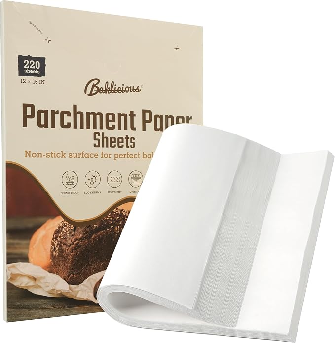 Baklicious 12x16inch 220pcs White Pre-cut Non-Stick Parchment Baking Sheets | for Air Fryer, Oven, Bakeware, Steaming, Cooking Bread, Cupcake, Meat, Cookies