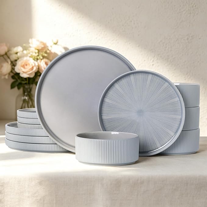 Stoneware Dinnerware Sets for 4, 12-Piece Plates and Bowls Set, Dusty Blue | Advanced Inkjet Printing Ceramic Dishes, Modern Minimalist Tableware, Scratch Resistant, Microwave and Dishwasher Safe