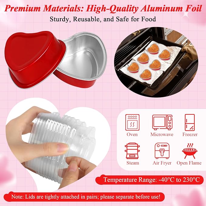 YQER 60 Pack Heart Shaped Cake Pans – 3.4oz Mini Aluminum Foil heart shape Cupcake pan with Lids, Spoons & Heart Stickers – Disposable Mothers Day Baking Tins Supplies for Gifts, Red