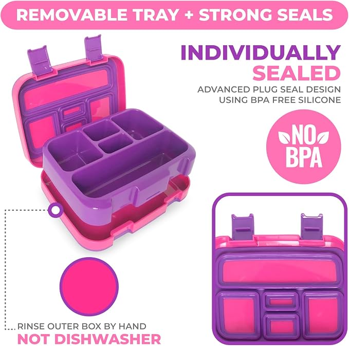 kinsho Bento Lunch Box Container for Kids, Girls Ages 3 to 5, Pink Purple | 5 Portion Sections, BPA-Free Spill-Proof Leakproof Removable Plastic Tray, Snacks and Lunches for Toddlers Pre-School Daycare