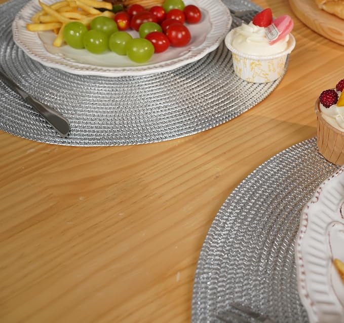 Zupro Round Silvery Placemats Set of 6 Braided 15" Indoor/Outdoor Use | Heat Resistant Non-Slip Washable,for Kitchen Dining Tables Dinner Parties Thanksgiving Christmas and Everyday Use.