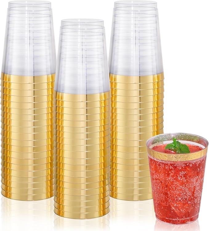DaYammi 200 Pack Gold Plastic Cups 10 Oz Clear Cup Gold Rimmed Disposable Wine Glasses Fancy Disposable Party Cups Tumblers Drinking Cup Plastic Cocktail Glasses gold disposable cups for Party Wedding