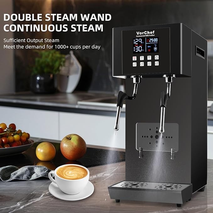 Commercial Milk Frother, 2-Wand Automatic Steam Boiling Water Machine 110V 2200W Electric Steam Milk Frothing Machine Coffee Milk Foam Machine with LED Display for Tea Coffee Shop