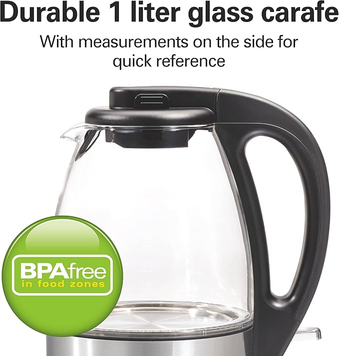 Hamilton Beach 1 Liter Electric Tea Kettle, Water Boiler & Heater | Fast Boiling 1500 Watts | BPA Free | Cordless Serving | Auto-Shutoff & Boil-Dry Protection | Blue LED | Clear Glass