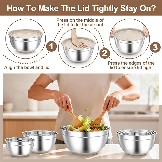 TeamFar Mixing Bowls, Stainless Steel Salad Bowls with Lids - Khaki | Nesting Bowls with Non-slip Bottom, for Kitchen Baking Preparing Serving, Stackable & 6PCS - 4.6 /2.6 /2 / 1.5 /1 / 0.7 Qt