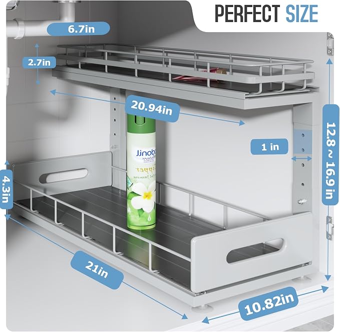Under Sink Organizer Upgrade To Professional Rails,2-Tier Dual Pull Out Cabinet Storage,Height Adjustable Slide Out Drawers For Bathroom Kitchen,2 Pack-21"Dx12.8"-16.9"H,Gun Gray