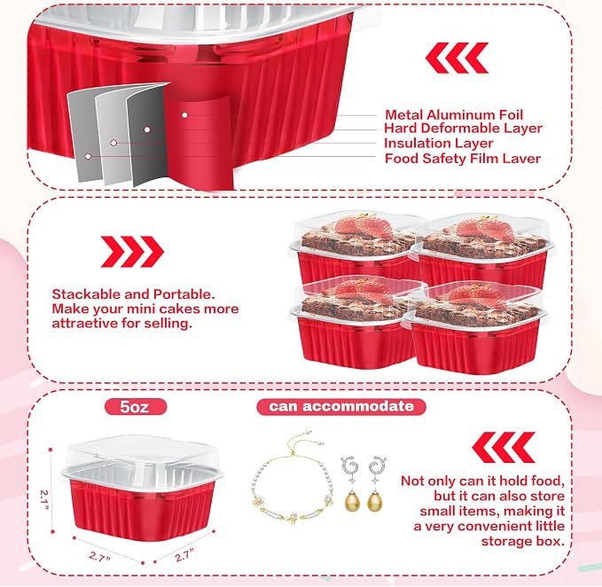 60Pack 5oz Christmas Mini Cake Pans with Lids Baking Cups Aluminum Foil Pans Tins, Individual Dessert Cups Containers for Sales,Party,Picnics Red