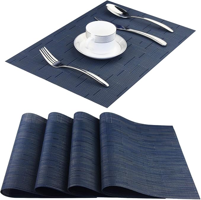 Vinyl Placemats,Washable Table Mats Easy to Clean Woven Placemats for Dining Table Set of 4 (Navy Blue)