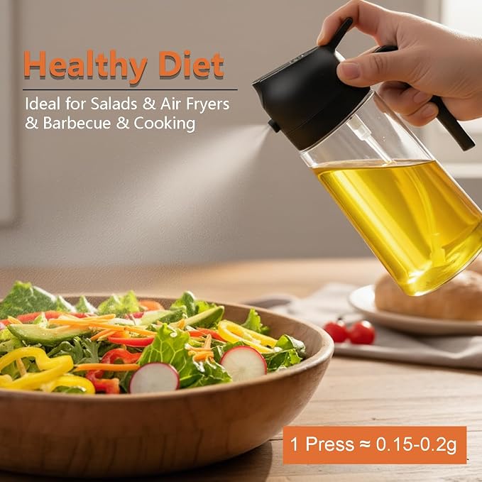Aovdy 16oz/470ml Glass Olive Oil Sprayer for Cooking - 2 in 1 Olive Oil Dispenser Bottle Spray and Pour for Kitchen Gadgets Cooking Air Fryer Salad BBQ (Black)