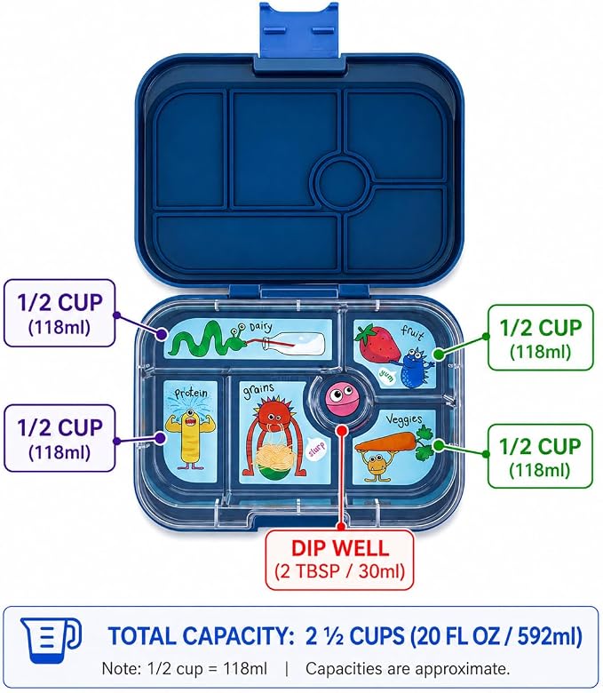Yumbox Original Leakproof Bento Box - Ninja Blue (Funny Monsters) | Kid-friendly, 5 Compartments + Dip Well, Easy-Open Latch, Lightweight, BPA-Free